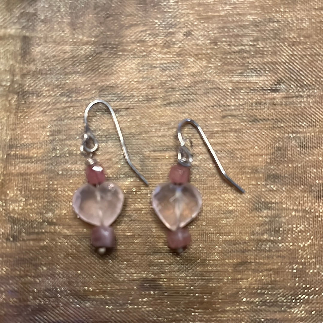 Rose Quartz Heart Earrings with tourmaline bead by Sheri Sims