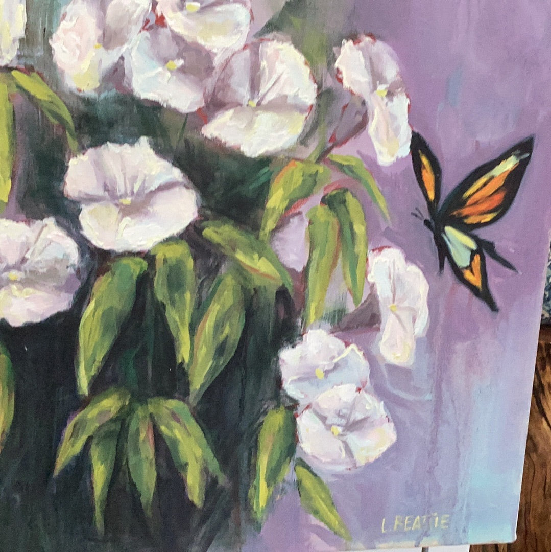 White Flowers and Butterfly by Leslie Beattie