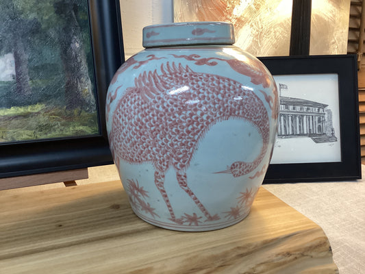 Red & White Peacock Storage Jar