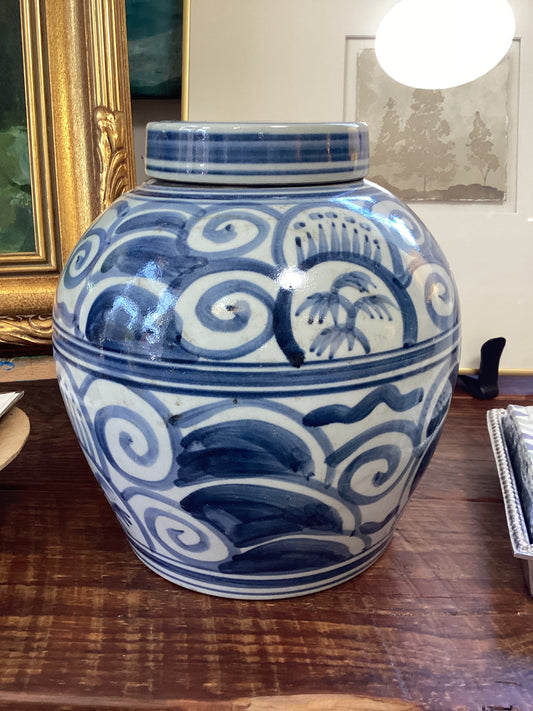 Curlicue blue & white lidded jar