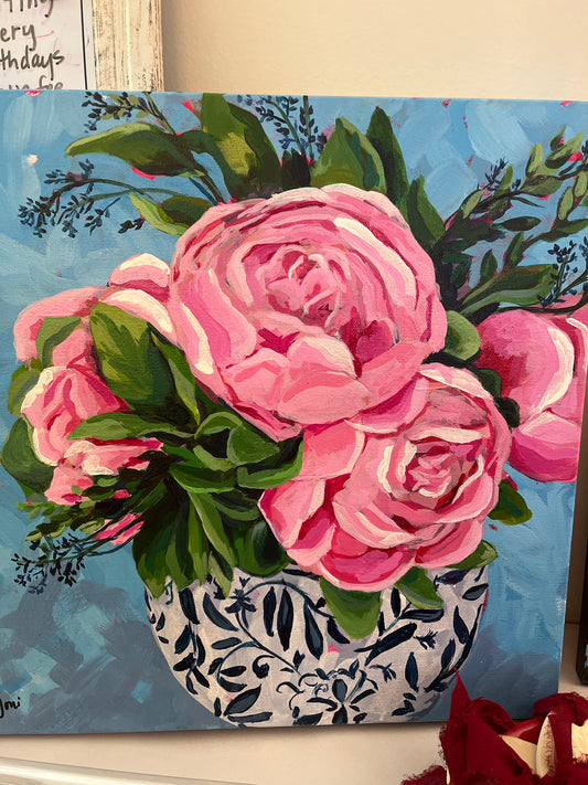 Peonies in Blue Vase by Joni Willingham